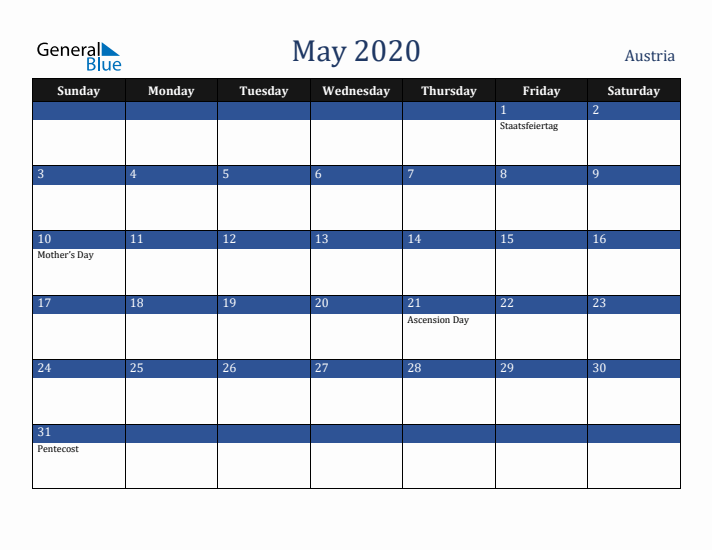 May 2020 Austria Calendar (Sunday Start)