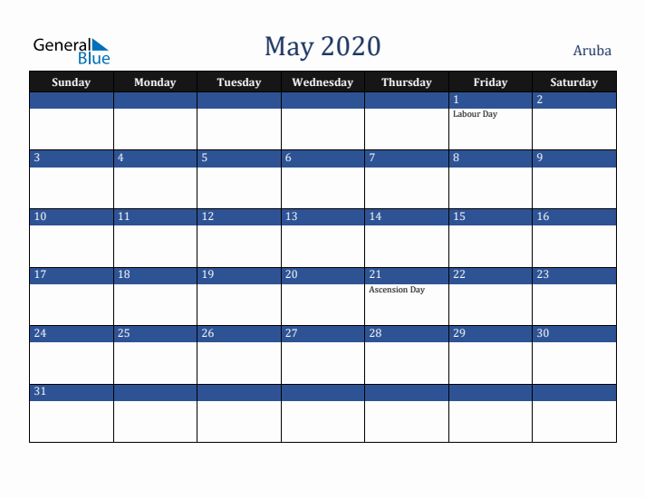 May 2020 Aruba Calendar (Sunday Start)