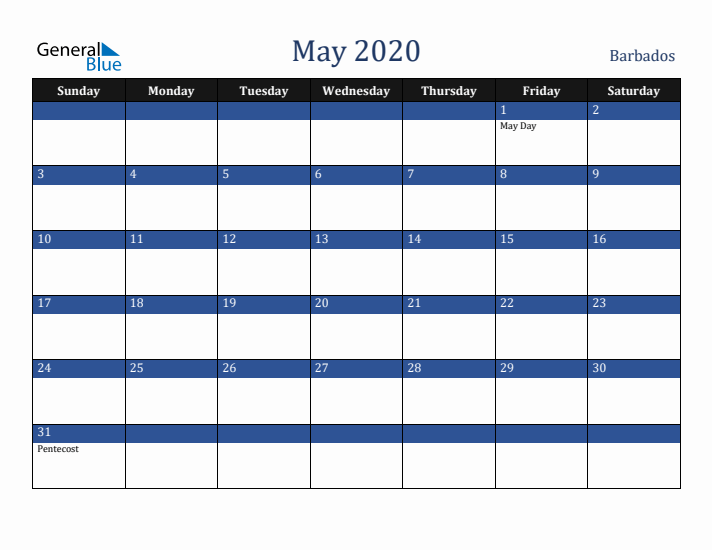 May 2020 Barbados Calendar (Sunday Start)