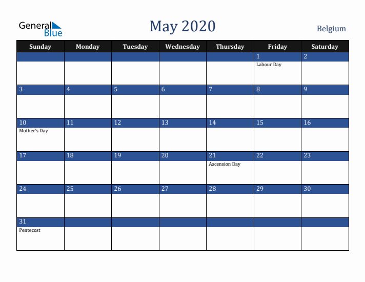 May 2020 Belgium Calendar (Sunday Start)