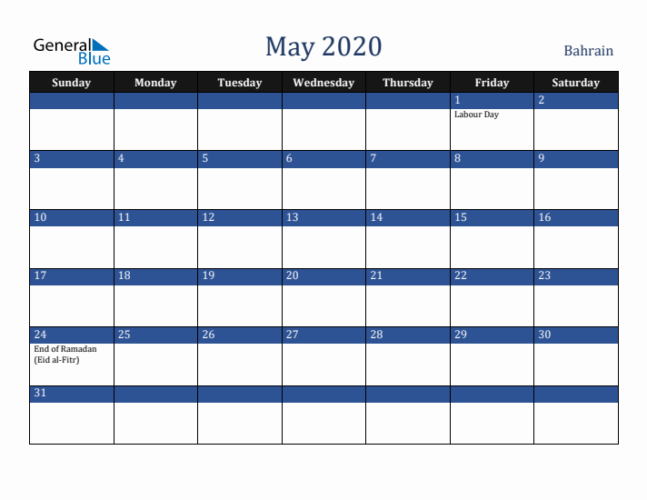 May 2020 Bahrain Calendar (Sunday Start)