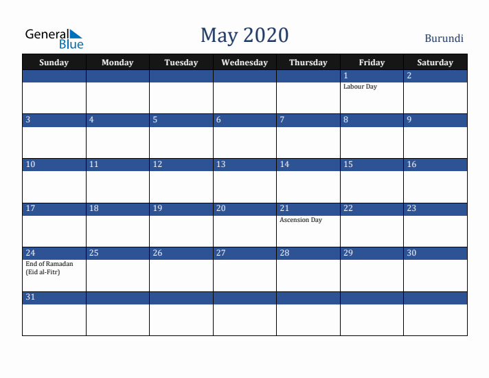 May 2020 Burundi Calendar (Sunday Start)