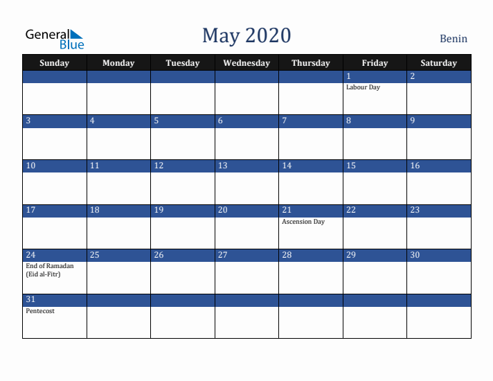 May 2020 Benin Calendar (Sunday Start)