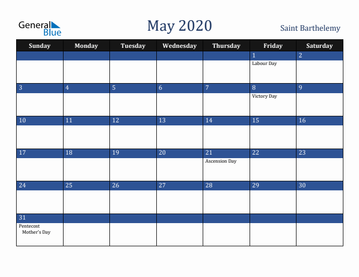 May 2020 Saint Barthelemy Calendar (Sunday Start)