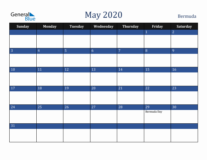 May 2020 Bermuda Calendar (Sunday Start)