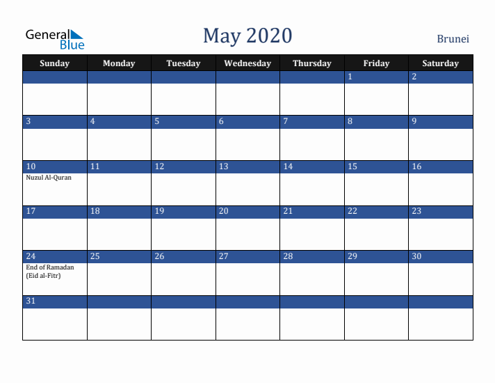 May 2020 Brunei Calendar (Sunday Start)