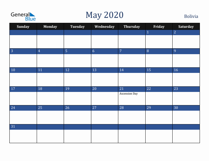 May 2020 Bolivia Calendar (Sunday Start)