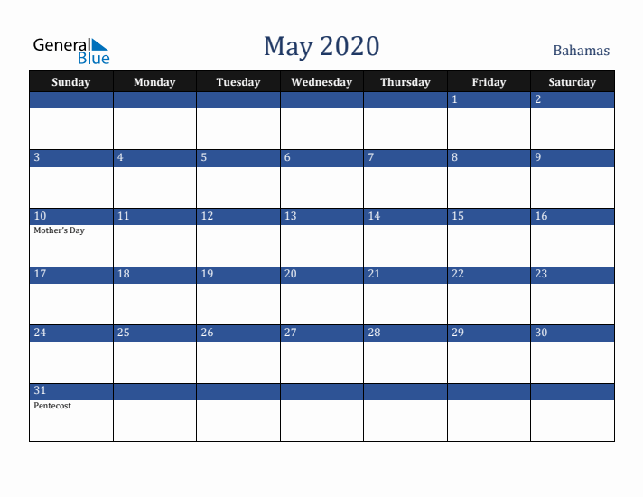 May 2020 Bahamas Calendar (Sunday Start)