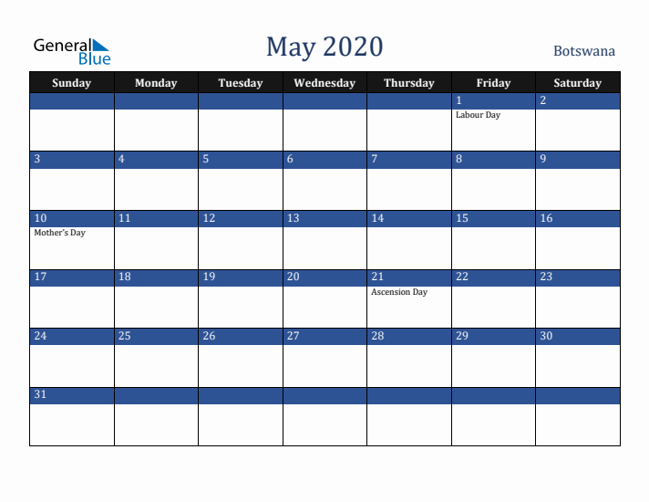 May 2020 Botswana Calendar (Sunday Start)