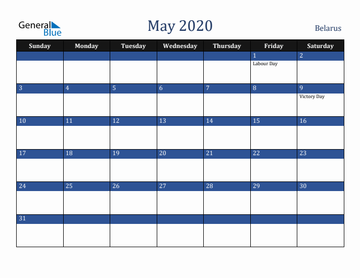 May 2020 Belarus Calendar (Sunday Start)