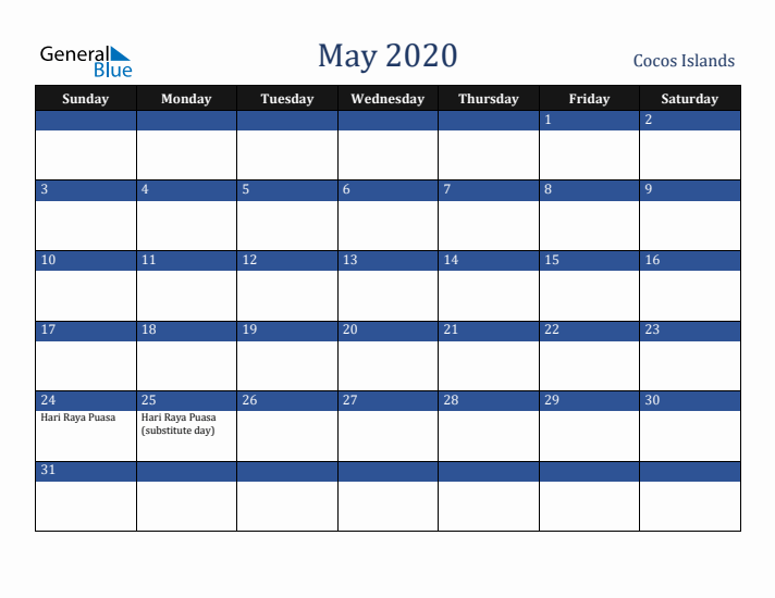 May 2020 Cocos Islands Calendar (Sunday Start)