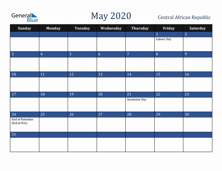 May 2020 Central African Republic Calendar (Sunday Start)