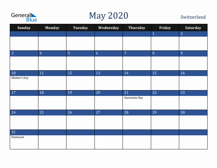 May 2020 Switzerland Calendar (Sunday Start)
