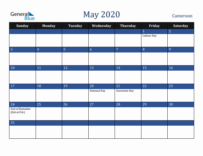 May 2020 Cameroon Calendar (Sunday Start)
