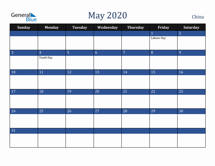 May 2020 China Calendar (Sunday Start)
