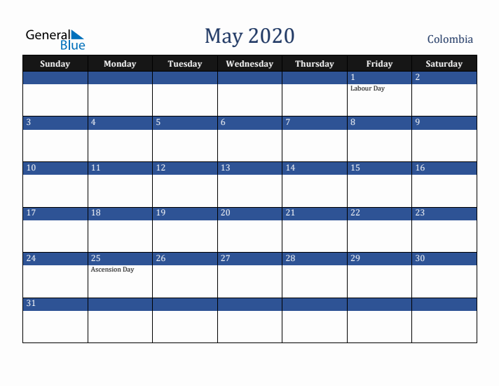 May 2020 Colombia Calendar (Sunday Start)