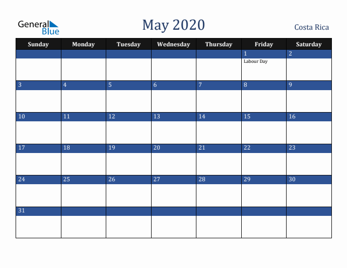 May 2020 Costa Rica Calendar (Sunday Start)