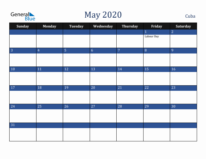 May 2020 Cuba Calendar (Sunday Start)