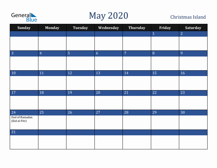 May 2020 Christmas Island Calendar (Sunday Start)