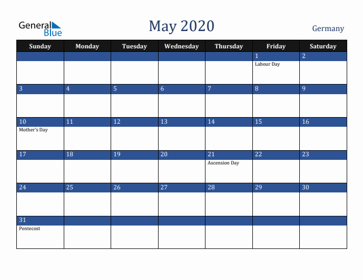 May 2020 Germany Calendar (Sunday Start)