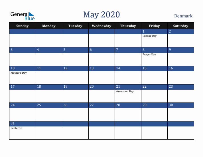 May 2020 Denmark Calendar (Sunday Start)