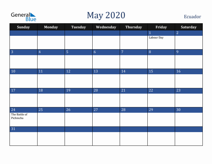 May 2020 Ecuador Calendar (Sunday Start)