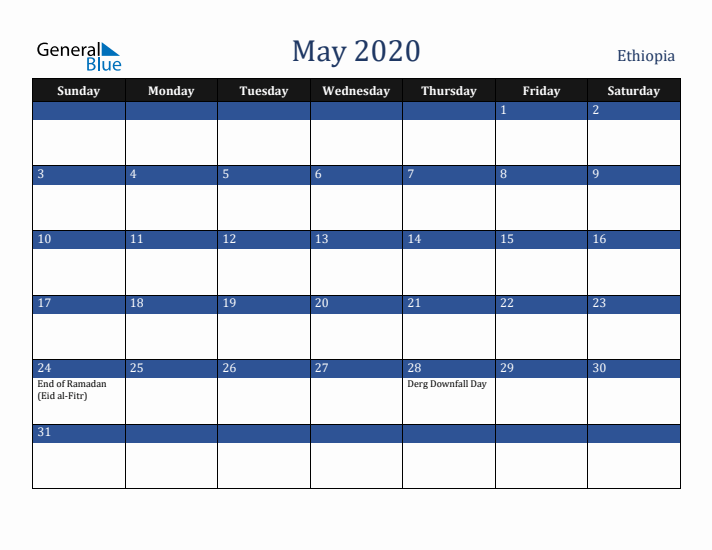 May 2020 Ethiopia Calendar (Sunday Start)