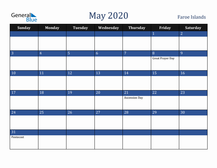 May 2020 Faroe Islands Calendar (Sunday Start)