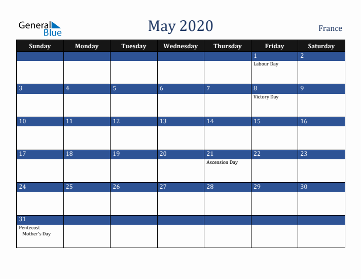 May 2020 France Calendar (Sunday Start)