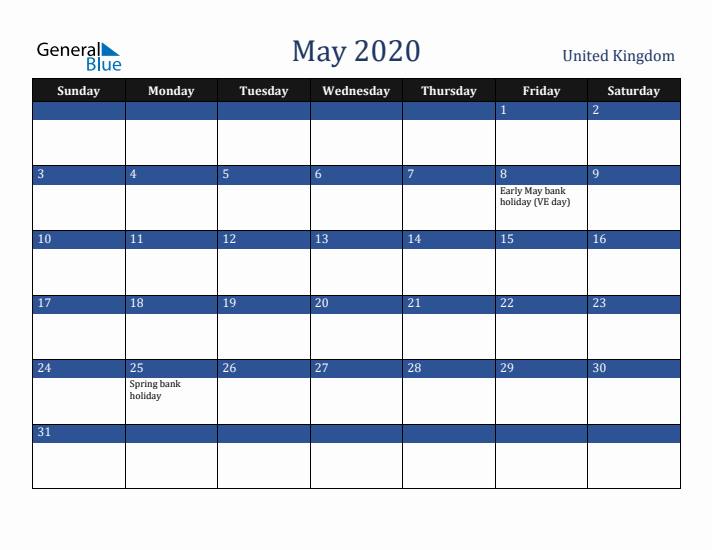 May 2020 United Kingdom Calendar (Sunday Start)