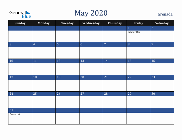 May 2020 Grenada Calendar (Sunday Start)