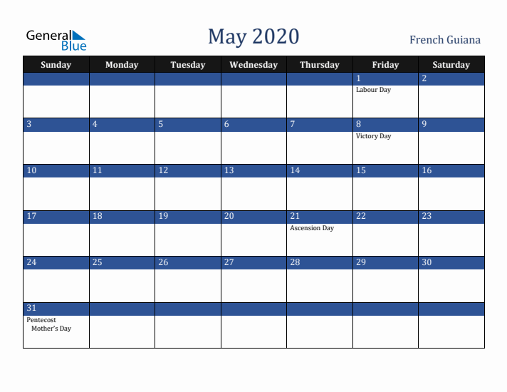 May 2020 French Guiana Calendar (Sunday Start)