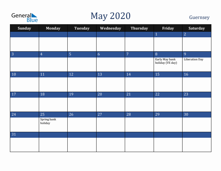 May 2020 Guernsey Calendar (Sunday Start)