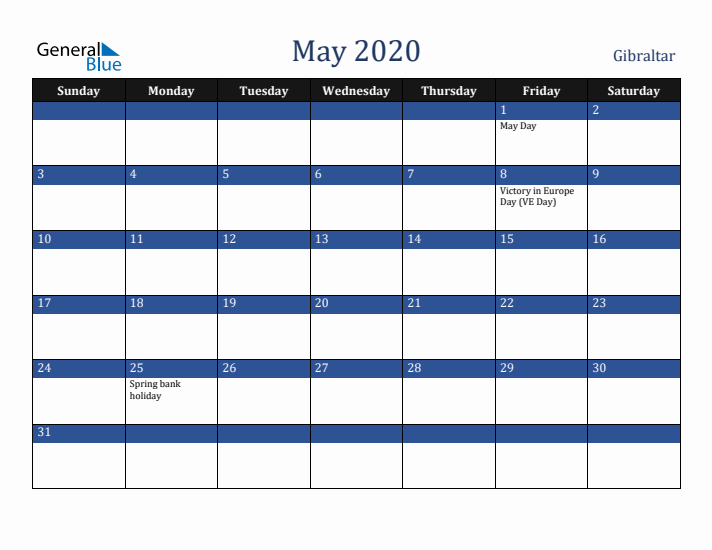 May 2020 Gibraltar Calendar (Sunday Start)