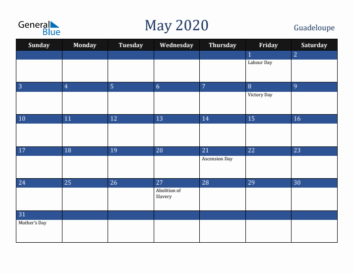 May 2020 Guadeloupe Calendar (Sunday Start)