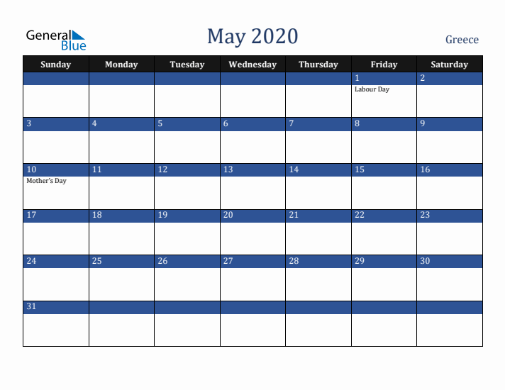 May 2020 Greece Calendar (Sunday Start)