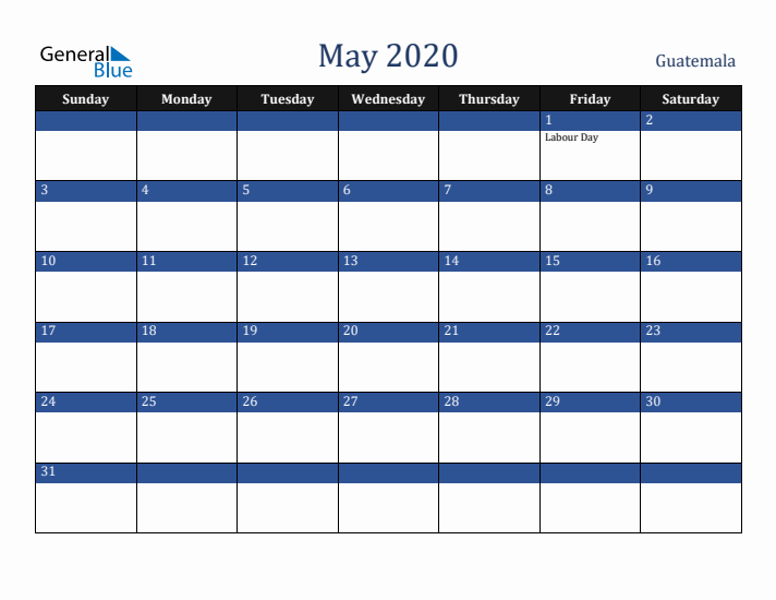 May 2020 Guatemala Calendar (Sunday Start)