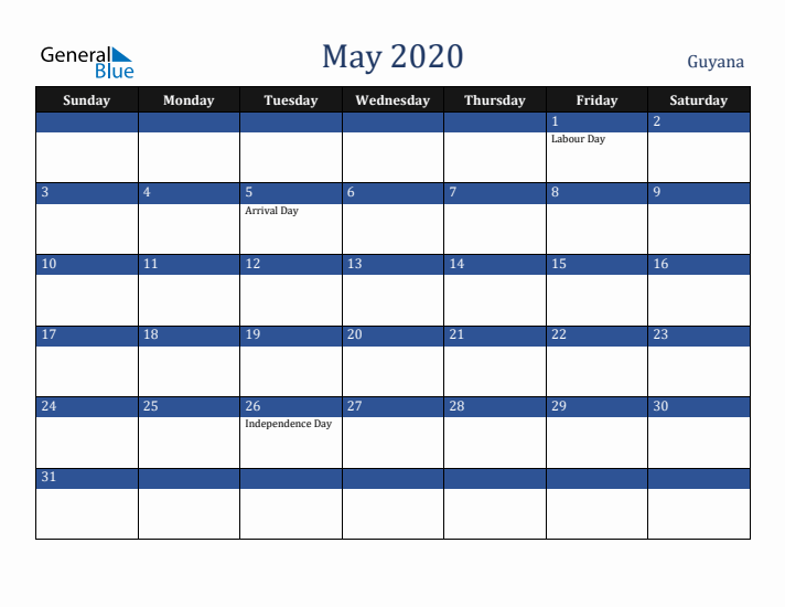 May 2020 Guyana Calendar (Sunday Start)