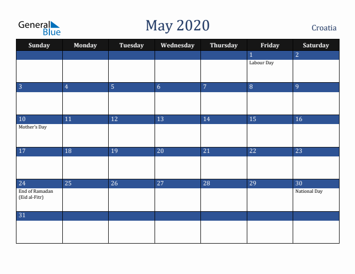 May 2020 Croatia Calendar (Sunday Start)