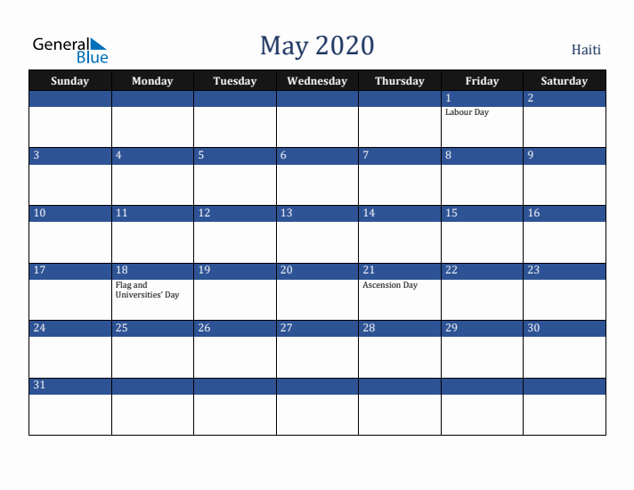 May 2020 Haiti Calendar (Sunday Start)
