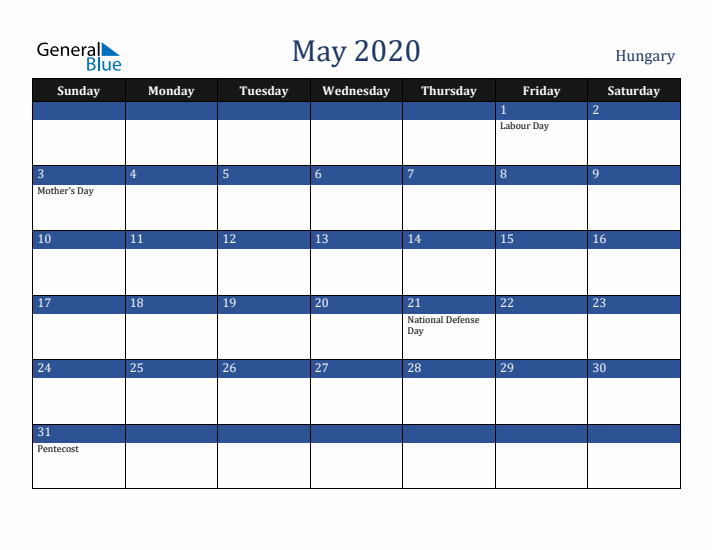 May 2020 Hungary Calendar (Sunday Start)
