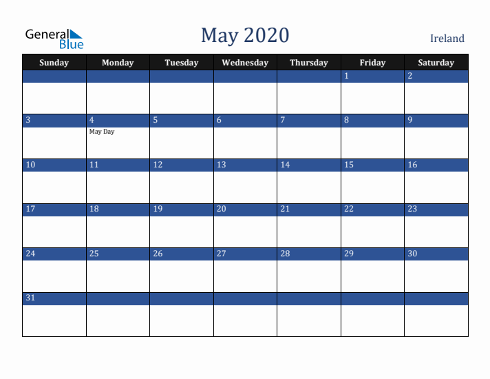 May 2020 Ireland Calendar (Sunday Start)
