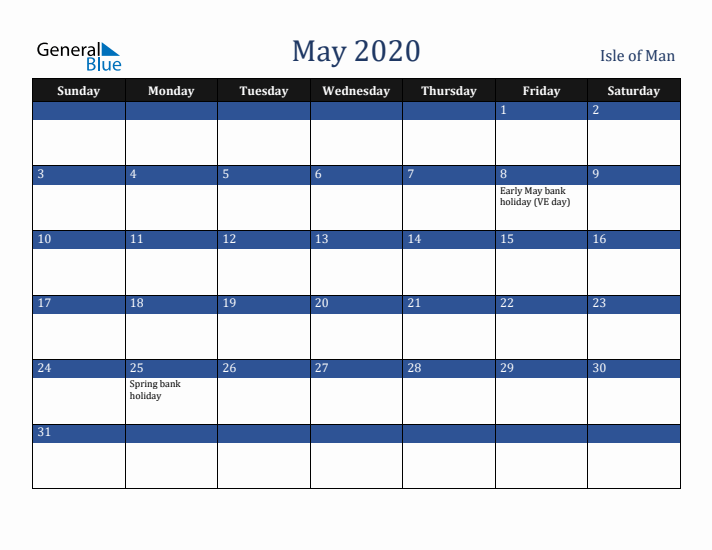 May 2020 Isle of Man Calendar (Sunday Start)