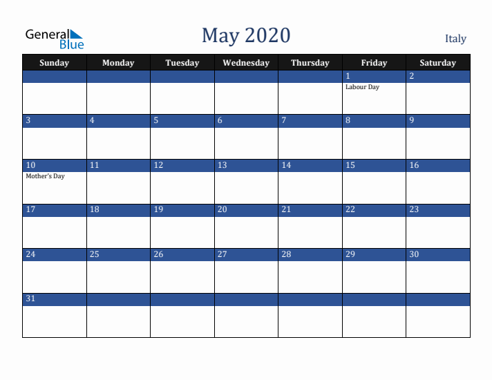 May 2020 Italy Calendar (Sunday Start)