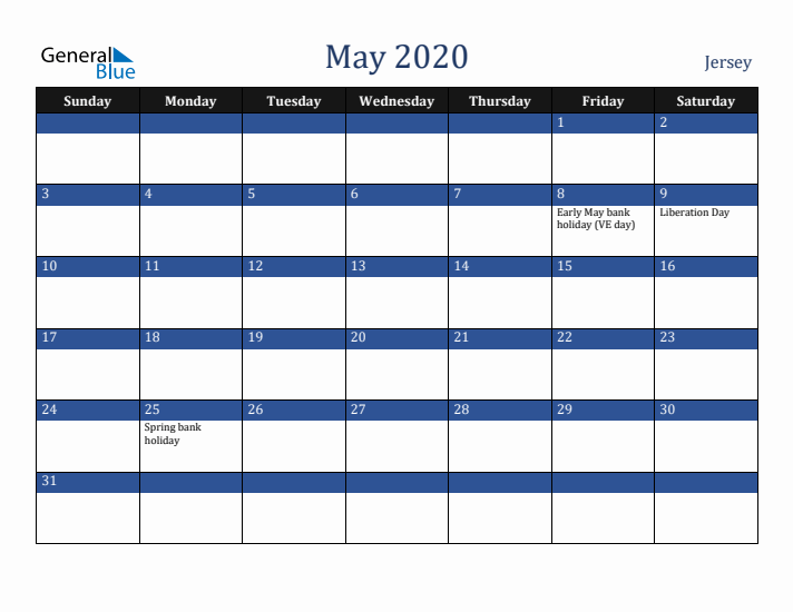 May 2020 Jersey Calendar (Sunday Start)
