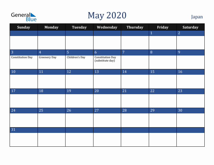 May 2020 Japan Calendar (Sunday Start)