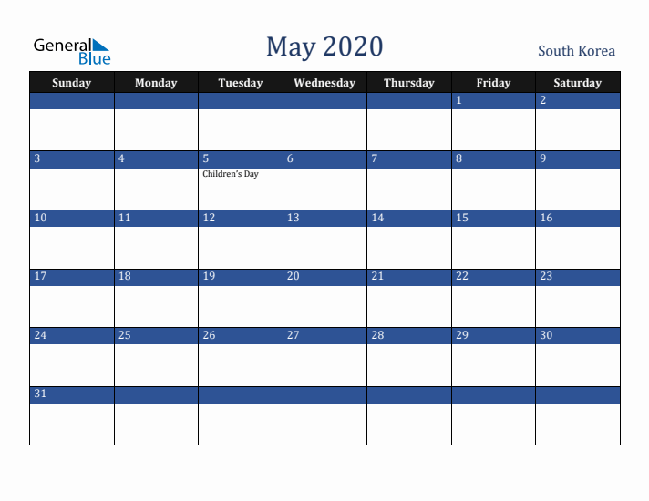 May 2020 South Korea Calendar (Sunday Start)