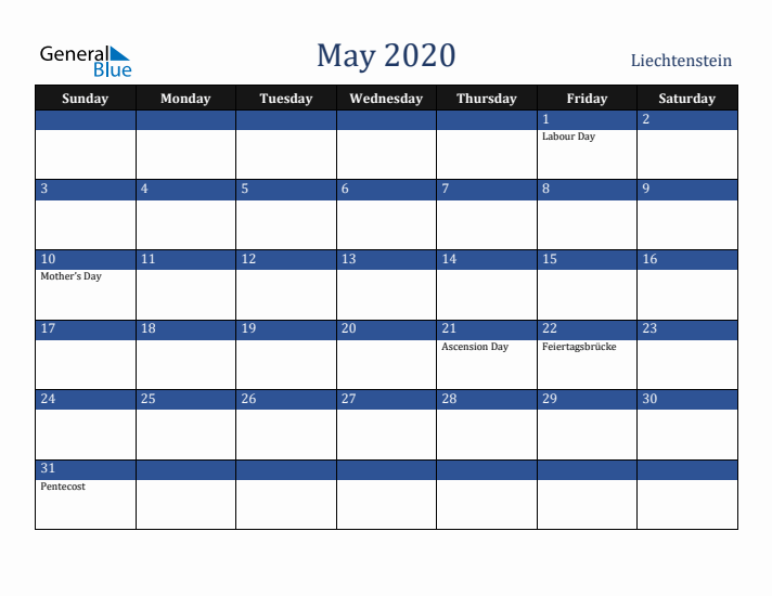 May 2020 Liechtenstein Calendar (Sunday Start)