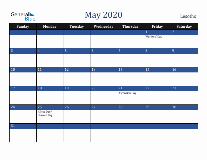 May 2020 Lesotho Calendar (Sunday Start)