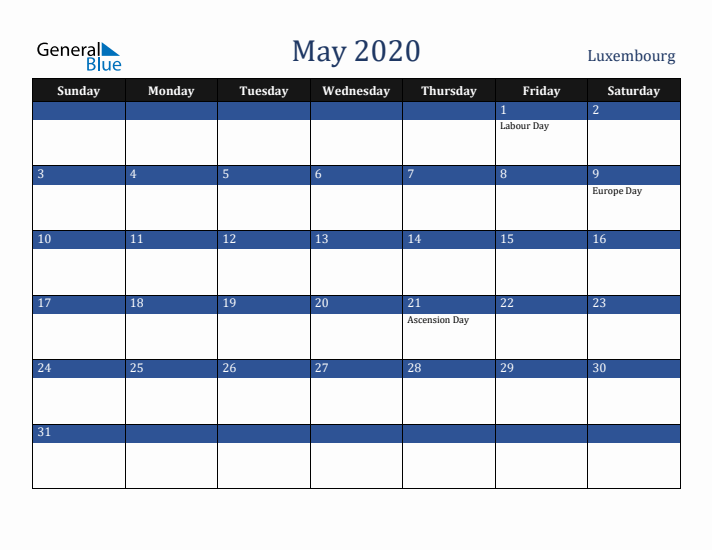 May 2020 Luxembourg Calendar (Sunday Start)
